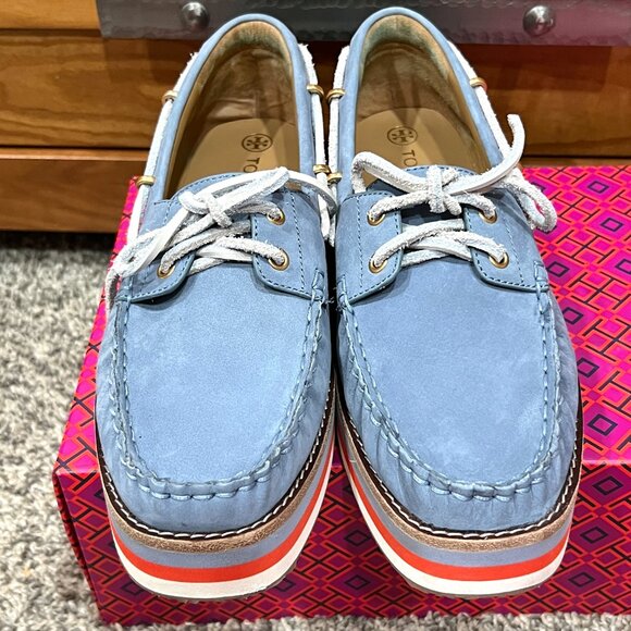 Tory Burch Joey Platform Boat Shoes Nubuck Blue Leather NEW in Box Women's 9.5 - Picture 12 of 14
